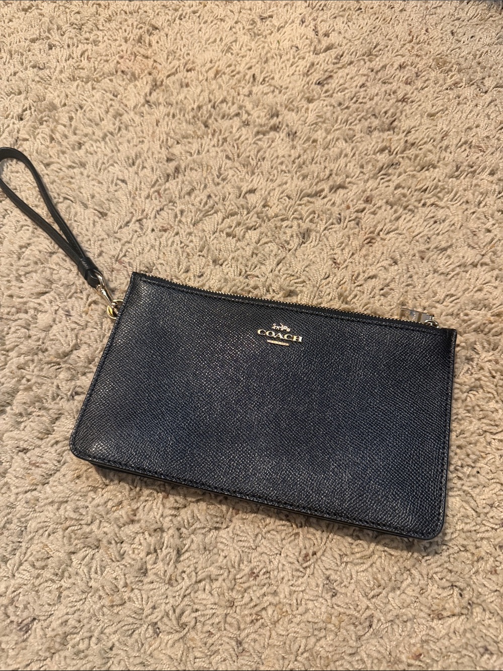 Coach black Leather Wristlet Clutch with Gold Logo